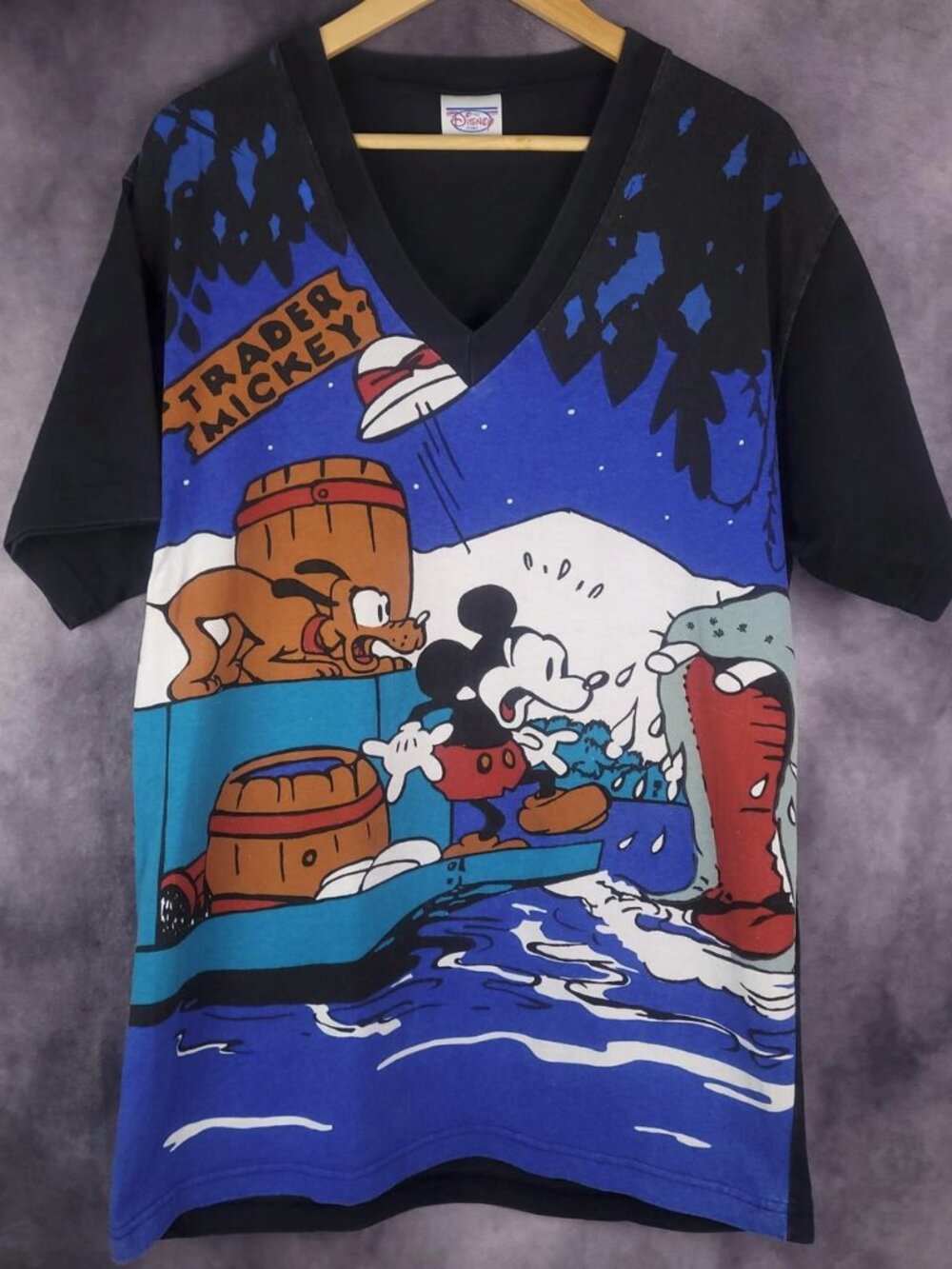 Vintage 90s Disney Mickey Mouse tiki naggy v neck shirt